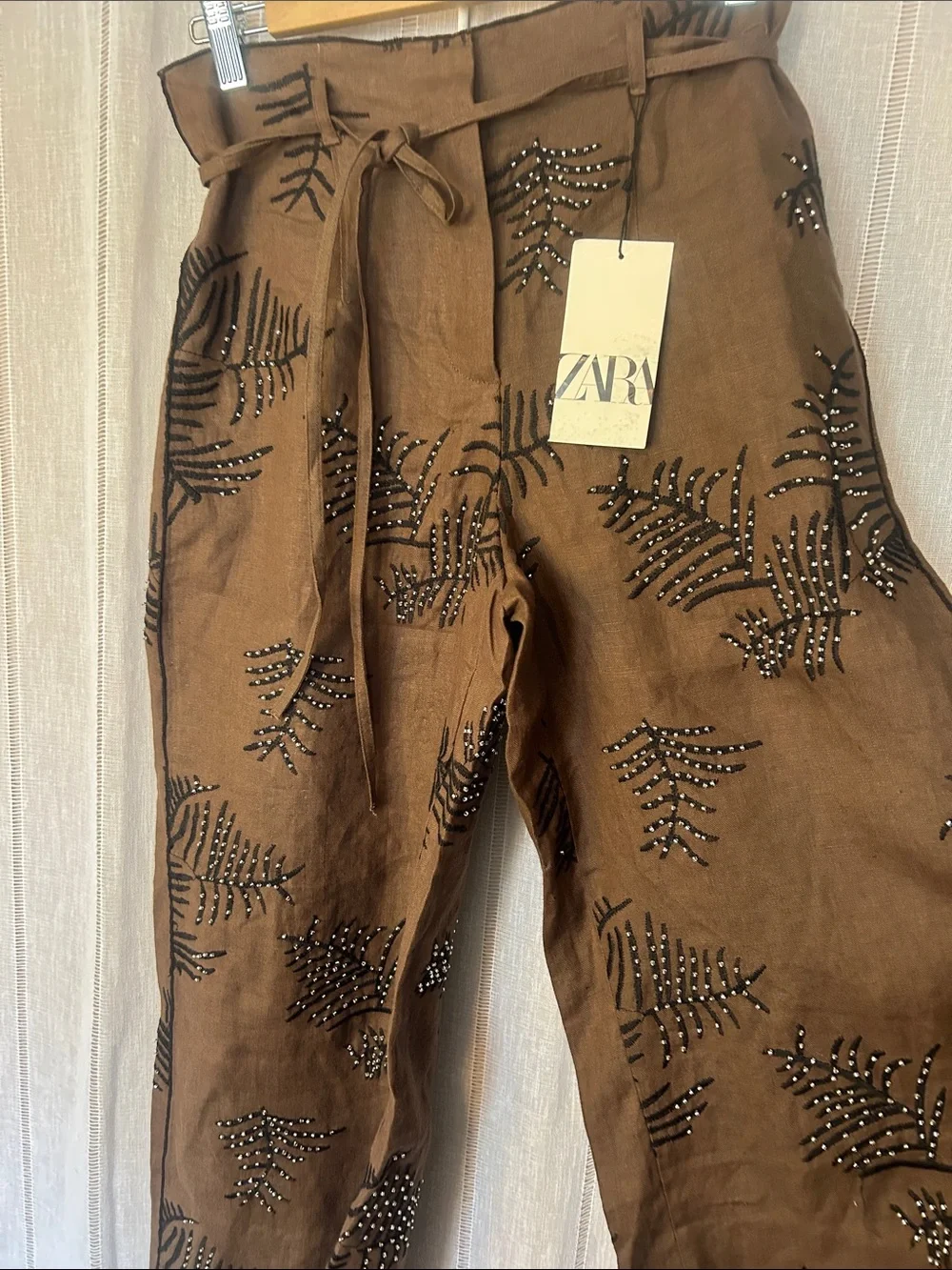 ZARA Brown Embellished Paperbag Waist Wide-Leg Pants